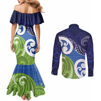 Southland New Zealand Couples Matching Mermaid Dress and Long Sleeve Button Shirt Maori Koru Flag Color