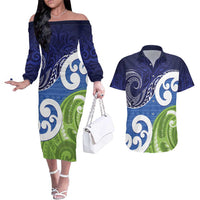 Southland New Zealand Couples Matching Off The Shoulder Long Sleeve Dress and Hawaiian Shirt Maori Koru Flag Color