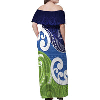 Southland New Zealand Family Matching Off Shoulder Maxi Dress and Hawaiian Shirt Maori Koru Flag Color