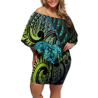 Southland Takehe Pounama Off Shoulder Short Dress Aotearoa Poutama Paua Shell Fern