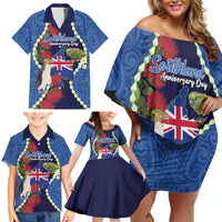 Southland Anniversary Day Family Matching Off Shoulder Short Dress and Hawaiian Shirt Murihiku 1861 Maori Bird Mix Pohutukawa