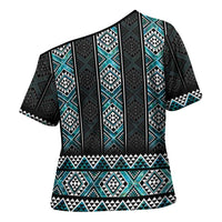 Paua Shell Taniko Pattern Aotearoa Cross Shoulder Shirt Niho Taniwha Mix Poutama - Polynesian Pride