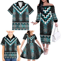 Paua Shell Taniko Pattern Aotearoa Family Matching Off The Shoulder Long Sleeve Dress and Hawaiian Shirt Niho Taniwha Mix Poutama