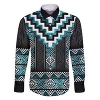 Paua Shell Taniko Pattern Aotearoa Family Matching Off Shoulder Short Dress and Hawaiian Shirt Niho Taniwha Mix Poutama LT14 Dad's Shirt - Long Sleeve Turquoise - Polynesian Pride