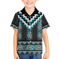 Paua Shell Taniko Pattern Aotearoa Family Matching Off Shoulder Short Dress and Hawaiian Shirt Niho Taniwha Mix Poutama LT14 Son's Shirt Turquoise - Polynesian Pride