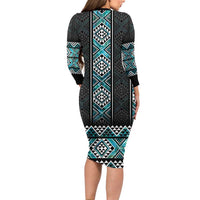 Paua Shell Taniko Pattern Aotearoa Long Sleeve Bodycon Dress Niho Taniwha Mix Poutama