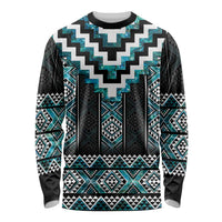 Paua Shell Taniko Pattern Aotearoa Long Sleeve Shirt Niho Taniwha Mix Poutama LT14 Unisex Turquoise - Polynesian Pride