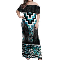 Paua Shell Taniko Pattern Aotearoa Off Shoulder Maxi Dress Niho Taniwha Mix Poutama