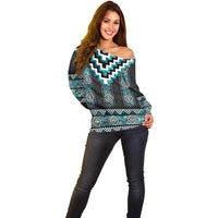 Paua Shell Taniko Pattern Aotearoa Off Shoulder Sweater Niho Taniwha Mix Poutama
