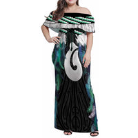 Aotearoa Korowai Motif Family Matching Off Shoulder Maxi Dress and Hawaiian Shirt Hei Matau Poutama Maori Pattern