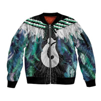 Aotearoa Korowai Motif Sleeve Zip Bomber Jacket Hei Matau Poutama Maori Pattern LT14 Unisex Turquoise - Polynesian Pride