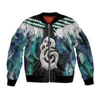 Aotearoa Korowai Motif Sleeve Zip Bomber Jacket Hei Manaia Poutama Maori Pattern LT14 Unisex Turquoise - Polynesian Pride