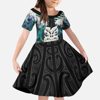 Aotearoa Korowai Motif Family Matching Long Sleeve Bodycon Dress and Hawaiian Shirt Maori Wheku Poutama LT14 Daughter's Dress Turquoise - Polynesian Pride