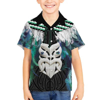 Aotearoa Korowai Motif Family Matching Off Shoulder Short Dress and Hawaiian Shirt Maori Wheku Poutama LT14 Son's Shirt Turquoise - Polynesian Pride