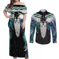 Aotearoa Korowai Motif Couples Matching Off Shoulder Maxi Dress and Long Sleeve Button Shirt Maori Tane Poutama LT14 Turquoise - Polynesian Pride