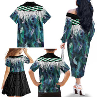 Aotearoa Korowai Motif Family Matching Off The Shoulder Long Sleeve Dress and Hawaiian Shirt Maori Tane Poutama