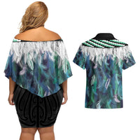 Aotearoa Korowai Motif Couples Matching Off Shoulder Short Dress and Hawaiian Shirt Maori Koru Poutama LT14 - Polynesian Pride