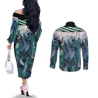 Aotearoa Korowai Motif Couples Matching Off The Shoulder Long Sleeve Dress and Long Sleeve Button Shirt Maori Koru Poutama LT14 - Polynesian Pride