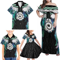 Aotearoa Korowai Motif Family Matching Off Shoulder Maxi Dress and Hawaiian Shirt Maori Koru Poutama