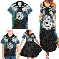 Aotearoa Korowai Motif Family Matching Summer Maxi Dress and Hawaiian Shirt Maori Koru Poutama