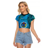 Personalised 13 March Penrhyn Island Gospel Day Raglan Cropped T Shirt Cook Islands Tribal Pattern LT14 Female Blue - Polynesian Pride