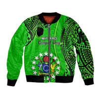 21 July Mitiaro Island Gospel Day Sleeve Zip Bomber Jacket Cook Islands Tribal Pattern LT14 Unisex Green - Polynesian Pride