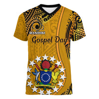 Personalised 8 August Manihiki Island Gospel Day Women V Neck T Shirt Cook Islands Tribal Pattern LT14 Female Gold - Polynesian Pride