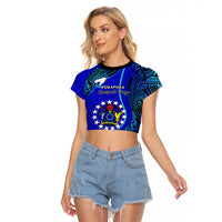 Personalised 8 December Pukapuka Island Gospel Day Raglan Cropped T Shirt Cook Islands Tribal Pattern LT14 Female Blue - Polynesian Pride