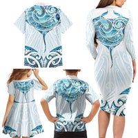 New Zealand Manta Ray Tattoo Family Matching Long Sleeve Bodycon Dress and Hawaiian Shirt Aotearoa Maori Haehae Paua Shell - Polynesian Pride