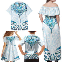 New Zealand Manta Ray Tattoo Family Matching Off Shoulder Maxi Dress and Hawaiian Shirt Aotearoa Maori Haehae Paua Shell - Polynesian Pride