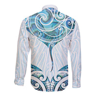New Zealand Manta Ray Tattoo Long Sleeve Button Shirt Aotearoa Maori Haehae Paua Shell - Polynesian Pride