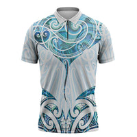 New Zealand Manta Ray Tattoo Zipper Polo Shirt Aotearoa Maori Haehae Paua Shell - Polynesian Pride
