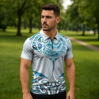 New Zealand Manta Ray Tattoo Zipper Polo Shirt Aotearoa Maori Haehae Paua Shell - Polynesian Pride
