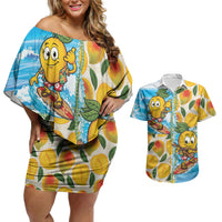 Aloha Hawaii Summer Couples Matching Off Shoulder Short Dress and Hawaiian Shirt Hawaiian Lei Surfing Mango Palaka Motifs
