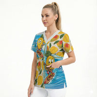 Aloha Hawaii Summer Scrub Top Hawaiian Lei Surfing Mango Palaka Motifs