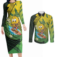 Hawaii Surfing Mango Couples Matching Long Sleeve Bodycon Dress and Long Sleeve Button Shirt Manako Polynesian Fish Hook