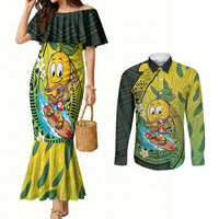 Hawaii Surfing Mango Couples Matching Mermaid Dress and Long Sleeve Button Shirt Manako Polynesian Fish Hook