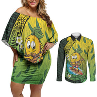 Hawaii Surfing Mango Couples Matching Off Shoulder Short Dress and Long Sleeve Button Shirt Manako Polynesian Fish Hook