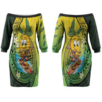 Hawaii Surfing Mango Couples Matching Off The Shoulder Long Sleeve Dress and Hawaiian Shirt Manako Polynesian Fish Hook