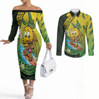 Hawaii Surfing Mango Couples Matching Off The Shoulder Long Sleeve Dress and Long Sleeve Button Shirt Manako Polynesian Fish Hook