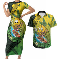 Hawaii Surfing Mango Couples Matching Short Sleeve Bodycon Dress and Hawaiian Shirt Manako Polynesian Fish Hook