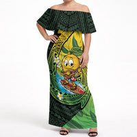 Hawaii Surfing Mango Off Shoulder Maxi Dress Manako Polynesian Fish Hook