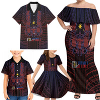 Filipino Barong Tagalog Inspired Personalised Family Matching Off Shoulder Maxi Dress and Hawaiian Shirt Mabuhay Philippines Festival Polynesian Pattern