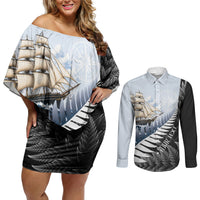 Personalised New Zealand Pakeha Couples Matching Off Shoulder Short Dress and Long Sleeve Button Shirt Kiwi Silver Fern and Sailing Ship Compass
