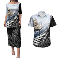 Personalised New Zealand Pakeha Couples Matching Puletasi and Hawaiian Shirt Kiwi Silver Fern and Sailing Ship Compass