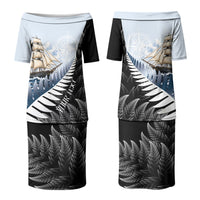 Personalised New Zealand Pakeha Couples Matching Puletasi and Hawaiian Shirt Kiwi Silver Fern and Sailing Ship Compass