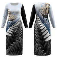 Personalised New Zealand Pakeha Family Matching Long Sleeve Bodycon Dress and Hawaiian Shirt Kiwi Silver Fern and Sailing Ship Compass