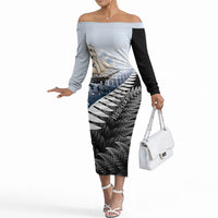 Personalised New Zealand Pakeha Off The Shoulder Long Sleeve Dress Kiwi Silver Fern and Sailing Ship Compass