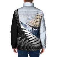 Personalised New Zealand Pakeha Padded Jacket Kiwi Silver Fern and Sailing Ship Compass