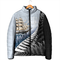 Personalised New Zealand Pakeha Padded Jacket Kiwi Silver Fern and Sailing Ship Compass